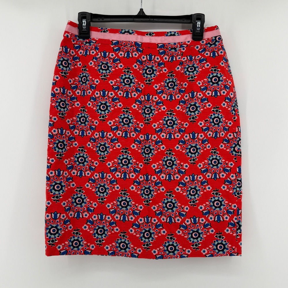 Boden Red Floral Geometric Pencil Skirt Size‎ 8R Cotton Stretch T0135